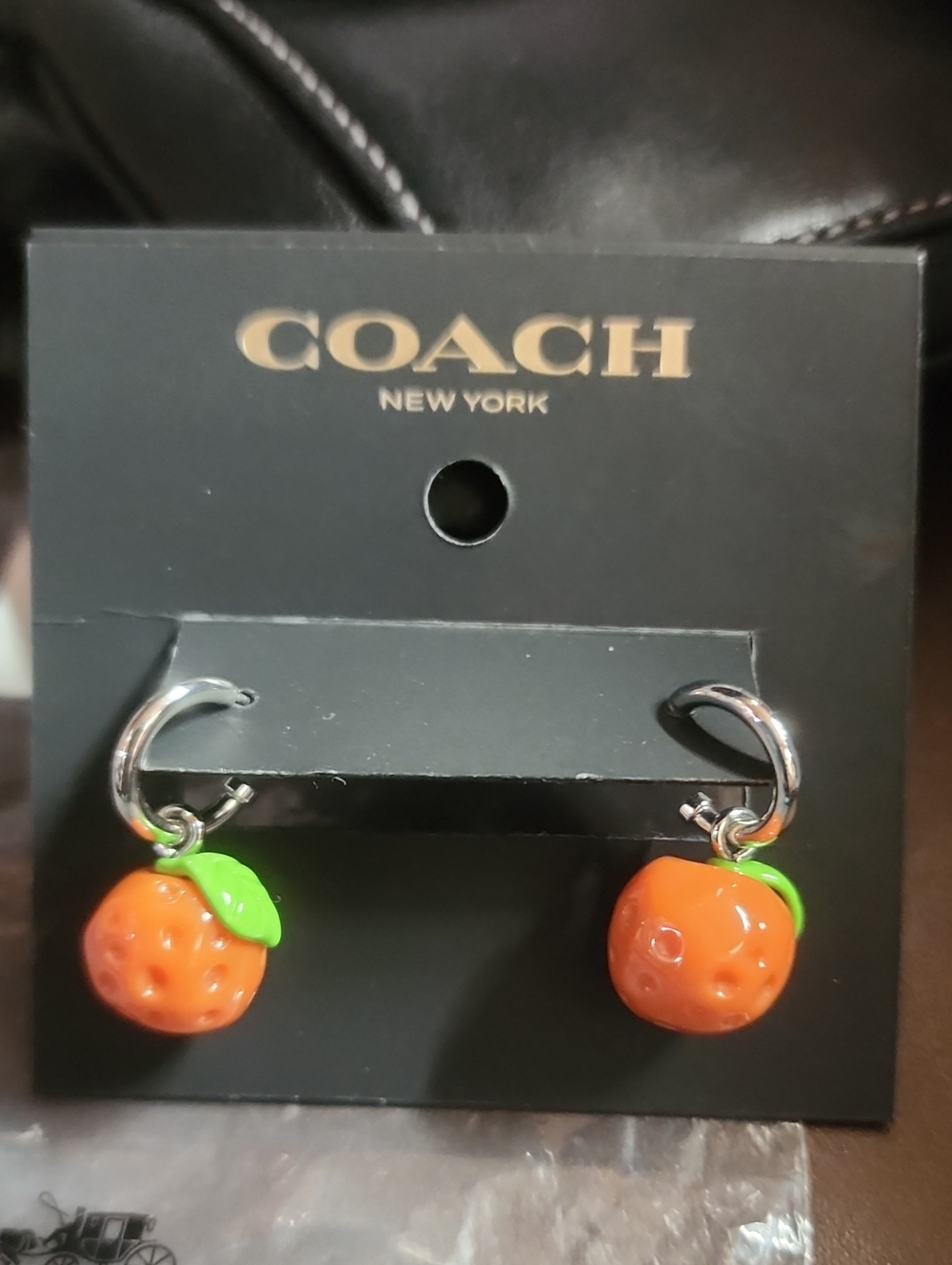 COACH Strawberry Post With Cs Enamel Fruit Drop Earrings with Green Leafs Nwt - Picture 2 of 5